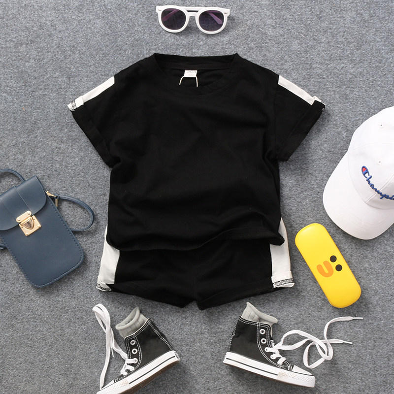 2022 summer new children's color-blocking cotton short-sleeved shorts boy baby 2-piece set of trendy children Korean casual suit