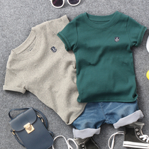 2021 summer new childrens threaded cotton labeling short-sleeved T-shirt boys and girls baby 2-color half-sleeved T-shirt tide