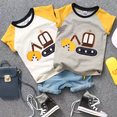2021 summer children 2 color cartoon excavator short sleeve T-shirt boys baby half sleeve T-shirt tide children Base shirt