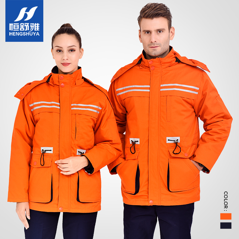 Winter work clothes, cotton-padded clothes, men's thickened wear-resistant labor protection clothes, cotton-padded jackets, cold storage, cold-proof cotton clothes, mid-length reflective strips