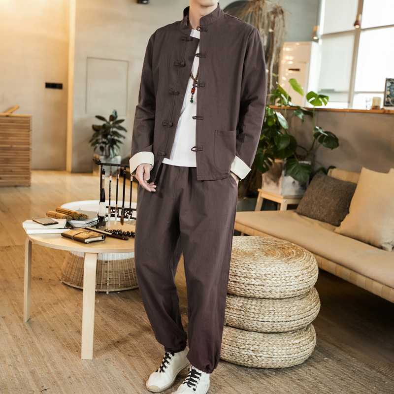 Linen suit men's retro Tang suit buckle coat Chinese style loose large size Zhongshan suit robe casual two-piece