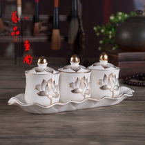  Buddhist supplies Ceramic Holy water cup with seat Water supply cup for Buddha cup Embossed gold lotus three-seat holy water cup