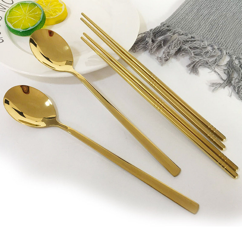 Han Style Golden Stainless Steel Glossy Spoon Chopstick Suit Titanium Alloy Round Chopsticks Spoon Cutlery Stone Pan Mix Rice