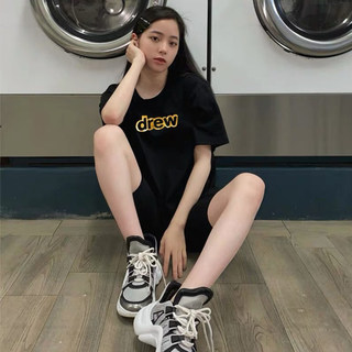 Drew White Short-Sleeved T-Shirt for Women Summer Bieber Same Style Loose ins Trendy Brand Couple Smiling Face Letter Print Half-Sleeve