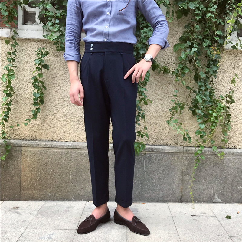 Deer Trio Willy-style High Set Spring High Waist Deep Blue Straight Drum Pants Light Lavish Leisure 100 Hitch Male Pants Tide Man