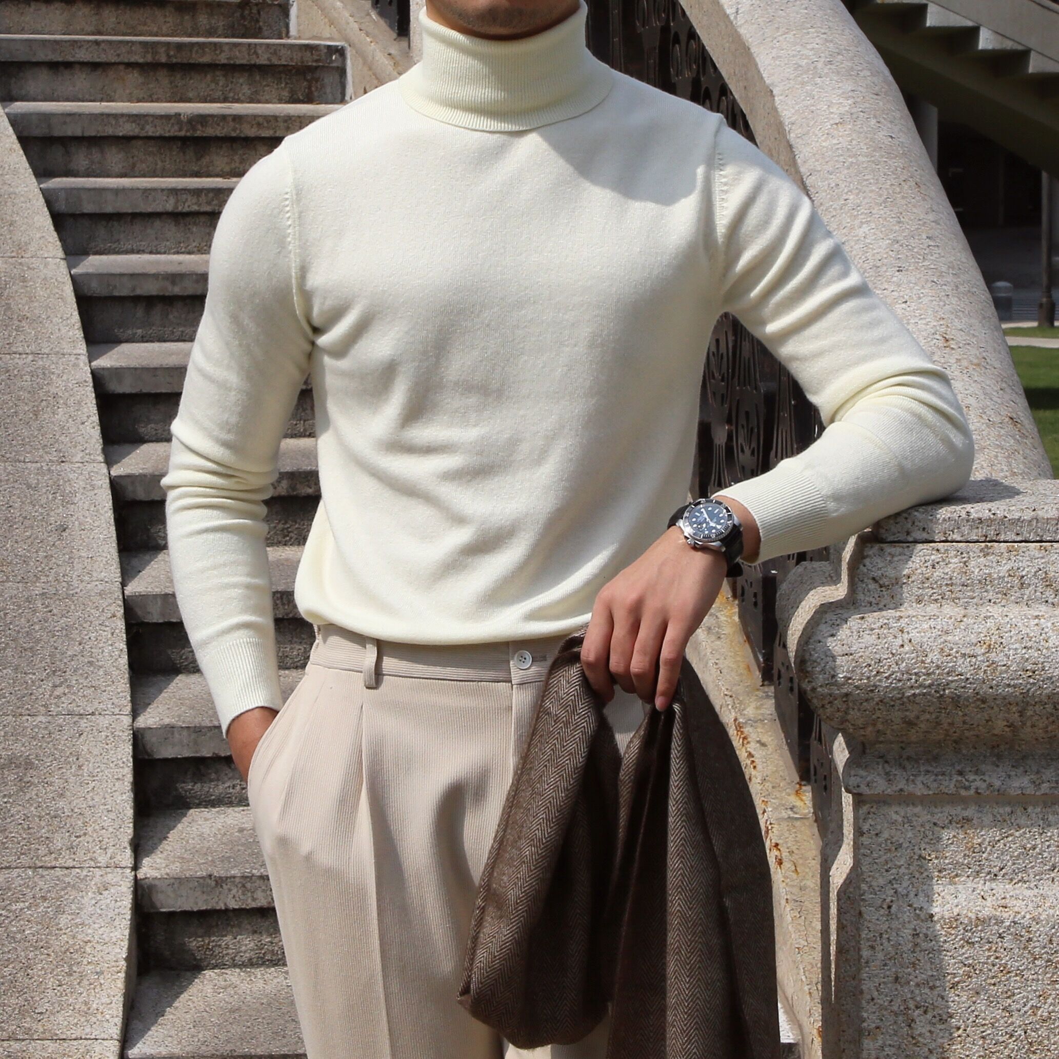 Deer Three Mr. Han version Trend High collar pure color sweater Inren autumn Winter warm and warm in youth wool-knitted sweatshirt for men