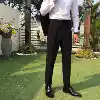 Mr Lu San homemade spring Korean version of light luxury high waist slacks Solid color British slim dress hemmed long pants