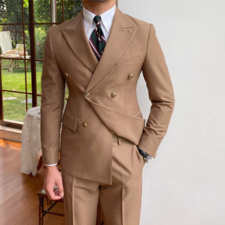 Mr. Lu San's autumn and winter retro high-definition private customized self-cultivation double-breasted suit men's gun pierced collar suit two-piece trend