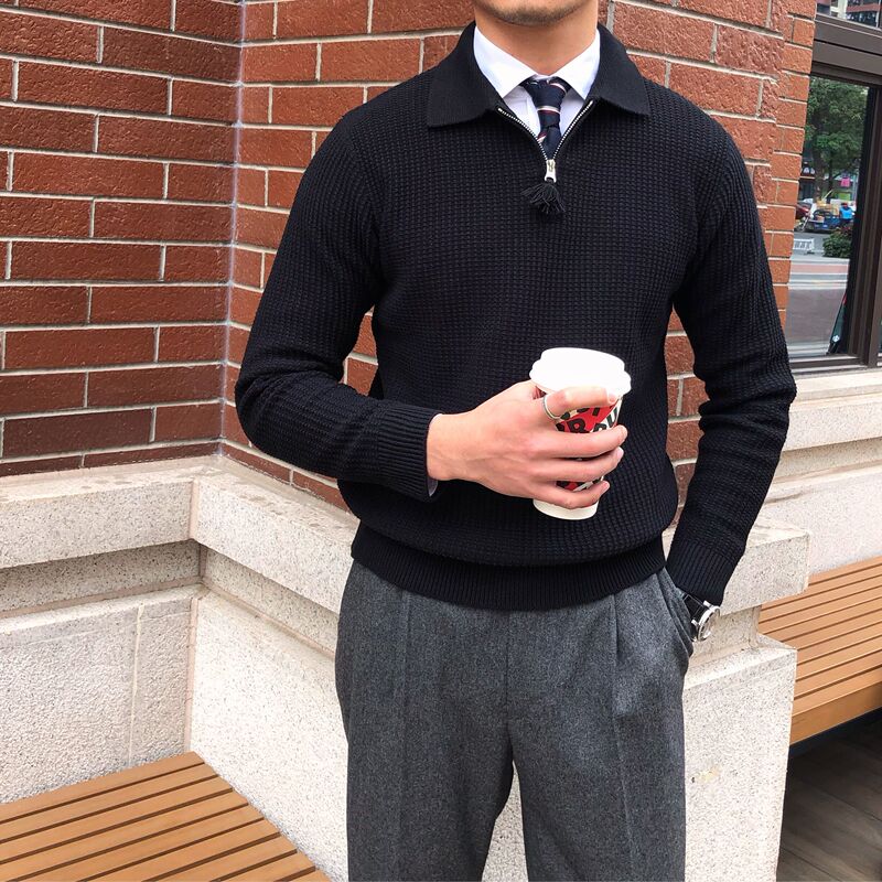 Mr. Lu San's Autumn and Winter Waffle Knit Casual Sweater with a Turn-Down Collar and Zipper, British Fashion Long-Sleeve Polo Shirt for Trendy Men