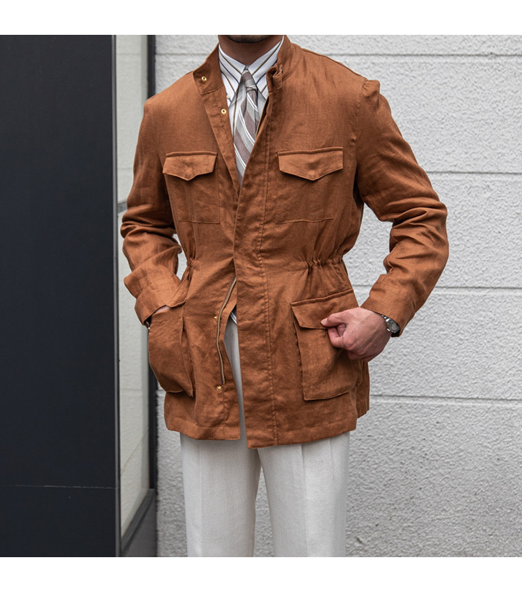 100% Linen Safari Jacket Men Multi-pockets Slim Fit Hunting Coat