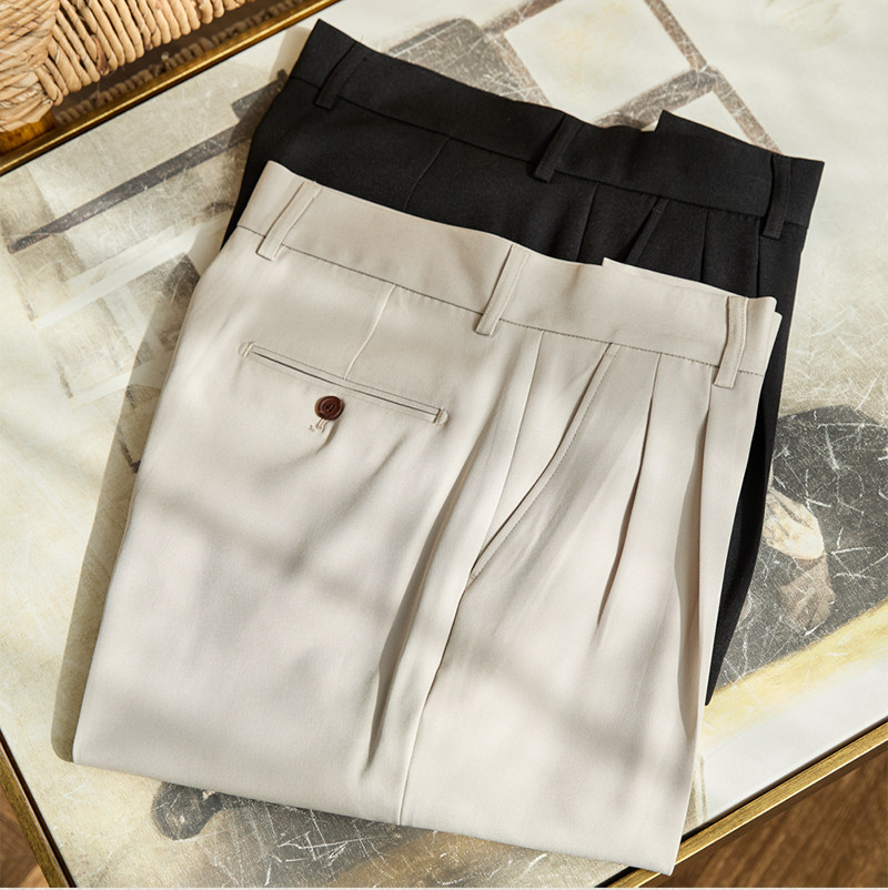 Vintage doppelt plissierte breite Bein nicht bügeln drapierte Freizeit hose Business Pendler atmungsaktive hohe Taille trend ige Herren hose – Detail 6