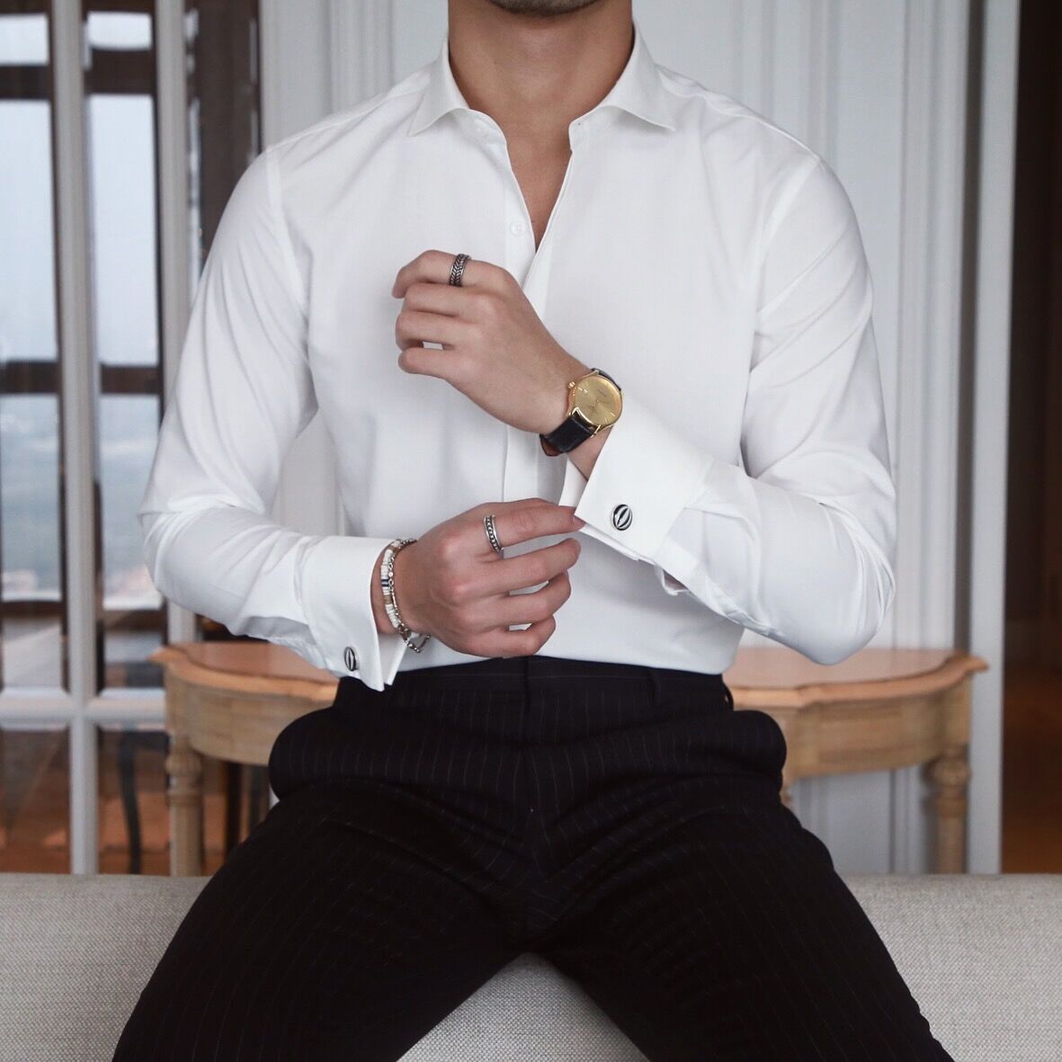 Mr Lu San British Italian men's business slim long-sleeved shirt Korean version free ironing Windsor collar French button shirt