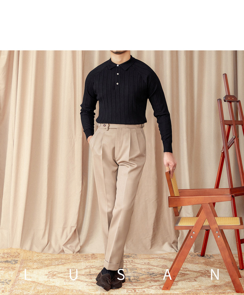 Herbst und Winter Britischer Slim-Fit-Revers-Langarm-POLO-Pullover aus dünner Wolle mit Maulbeerseide für Herren – Detail 30