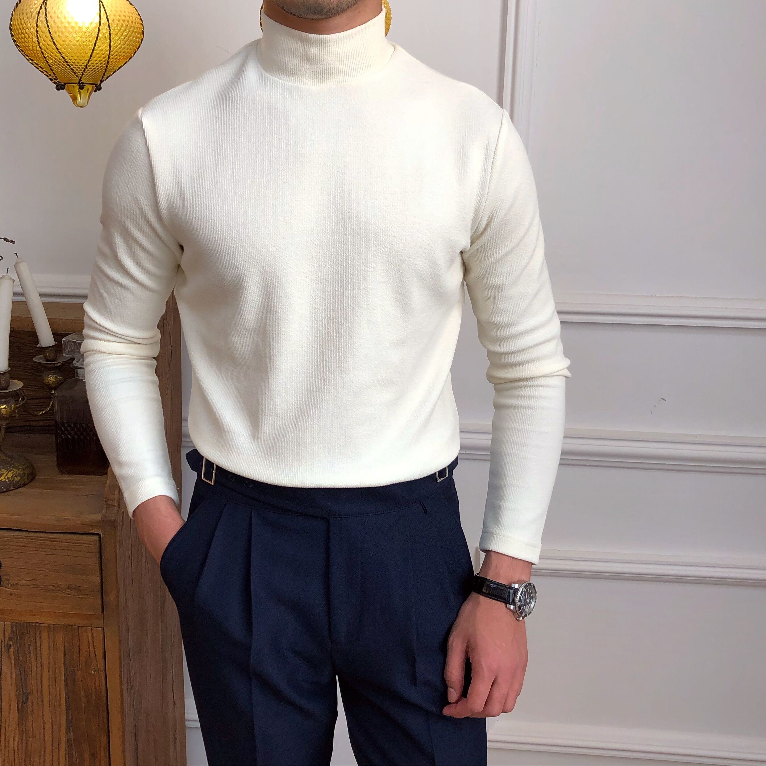 Mr. Deer Three Mr. Fall Day Department men's half-height collar long sleeves Pulpit Strips Knit Cardiovert sweaters Bottoms Sweatshirt Tide