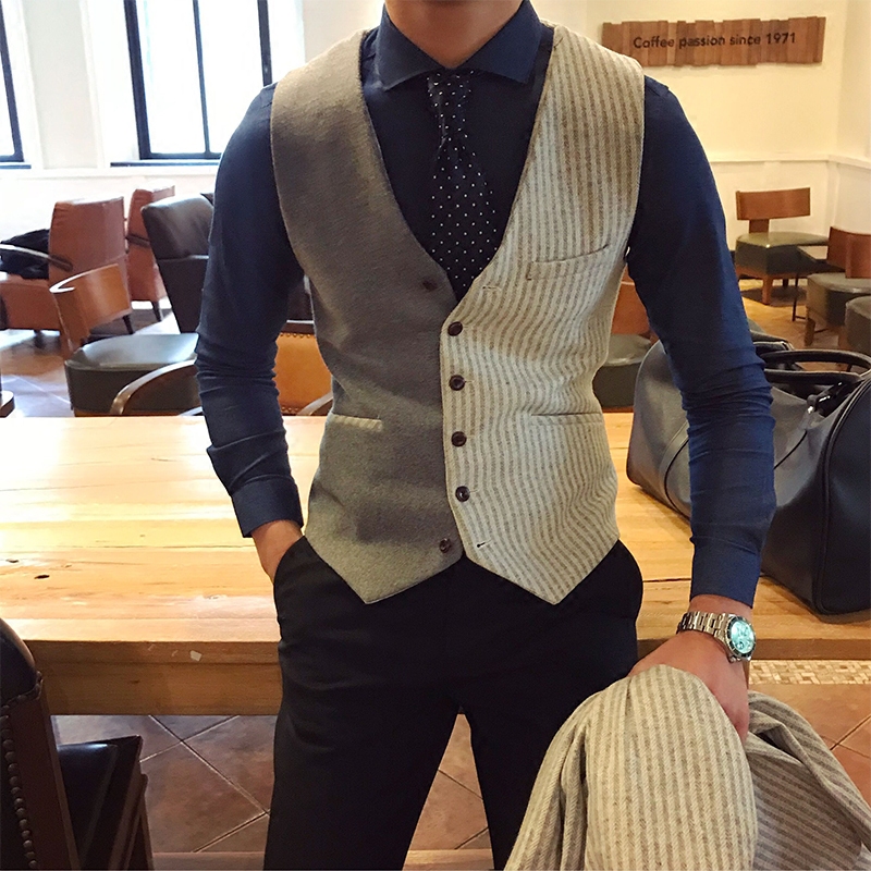 Mr Lu San Spring and autumn Yuppie slim horse clip Men's British striped stitching color casual business vest tide mix and match