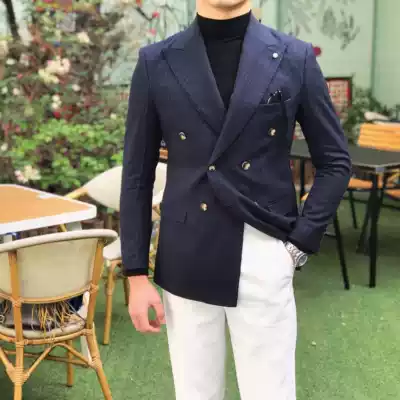 Mr. Lusan British style men's double-breasted suit Korean version of slim business formal stripes single suit male Yuppie