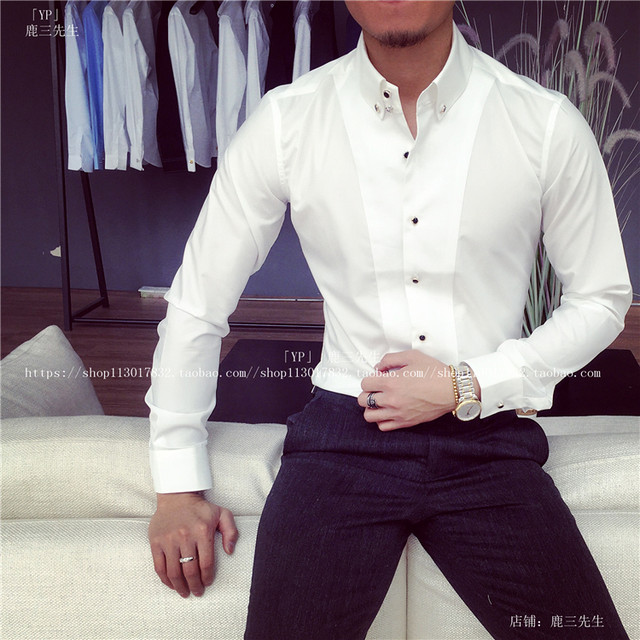 Autumn French Button White Long-sleeved Cuff Shirt Wedding Business Formal Non-ironing Shirt Slim Top Men's Fashion