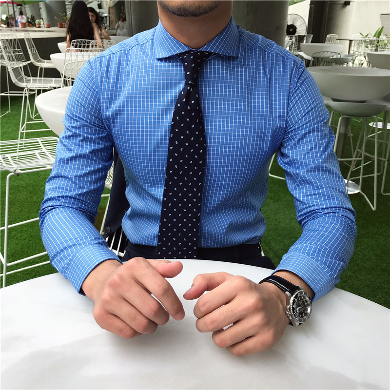 Mr. Lu San Korean version of light mature high wind blue Windsor collar plaid long sleeve shirt British business shirt trendy men