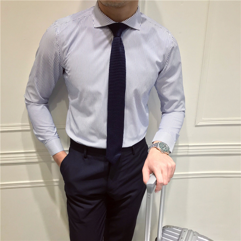 Mr Lu San Korean version striped slim-fit men's shirt British business casual Windsor collar free ironing shirt tide man