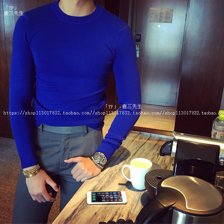 Mr Lu San men's solid color round neck long sleeve pullover ulzzang sweater base shirt Japanese thin section knitting tide