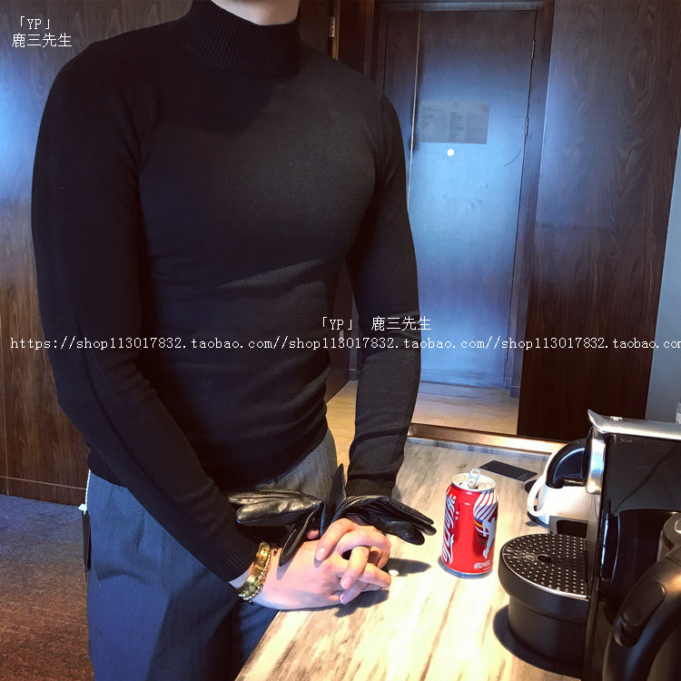 Men's Japanese knitwear semi-turtleneck thickened black sweater ulzzang men's solid color Korean slim base shirt