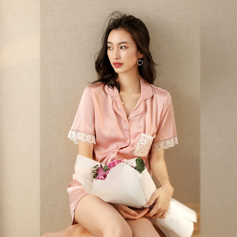 Mei Ou Wei Mi Summer Ice Silk Bộ đồ ngủ satin dành cho nữ Bộ đồ ngủ bằng lụa ren lụa ngắn tay - Giống cái