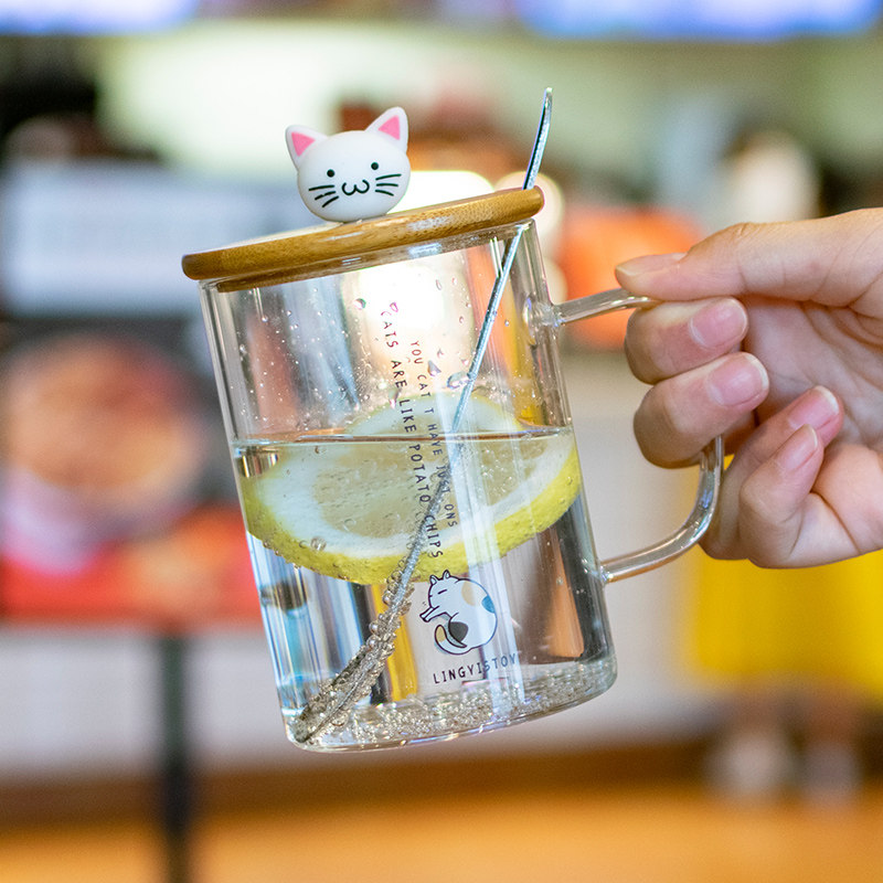 Becar plume minimalist cat mug cup home glass cup with strap cover spoon office girl heat resistant water glass
