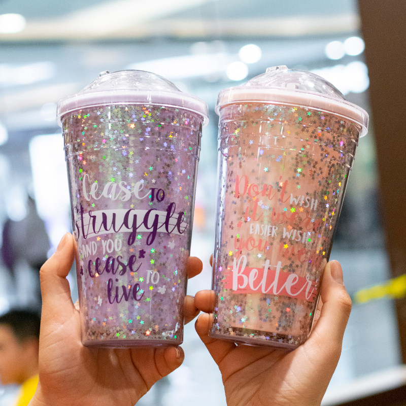 Becar Plume Sucker Cup Double anti-burn Ins Students Net Red Plastics Accompanying Cup Creative Tide portable water glass female