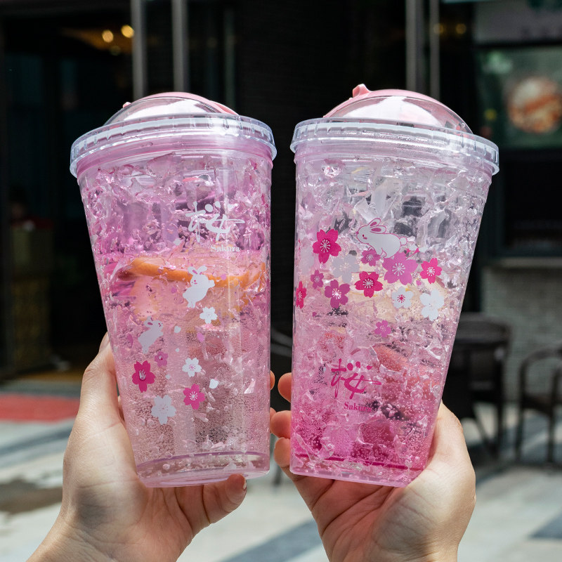 Backcar feather network red in straw cup of ice cup creative trend plastic cup cherry blossom ice cup household cup