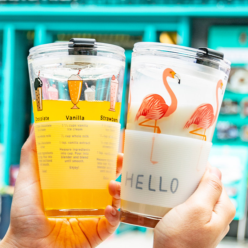 Shell car feather glass transparent household creative heat-resistant breakfast milk Children's drinking cup Bubble milk powder straw cup