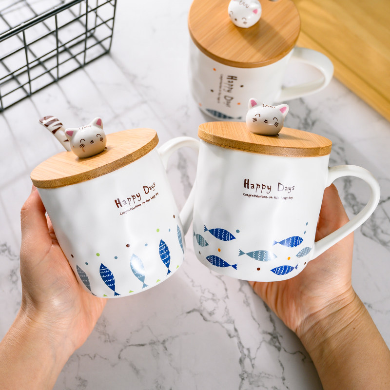 Becar Plume Creativity Mark Cup Cartoon Home Cup Ceramic Cup With Lid Spoon Water Cup Breakfast Coffee Cup Cute