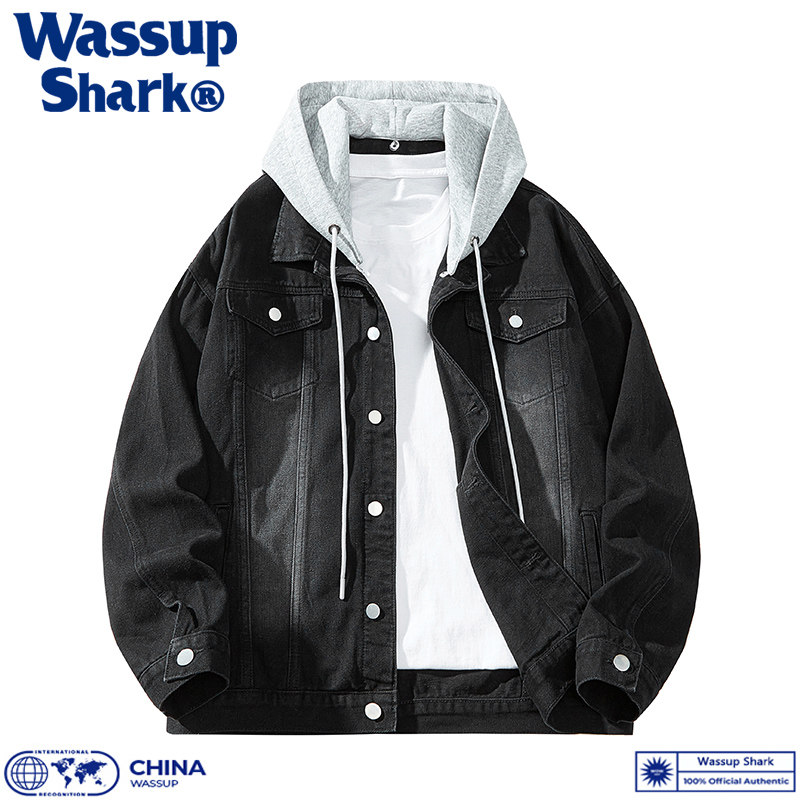 Джинсовая куртка Wassup Shark в американском стиле с капюшоном, мужская весенне-осенняя джинсовая куртка в стиле ретро, универсальный топ с отворотом