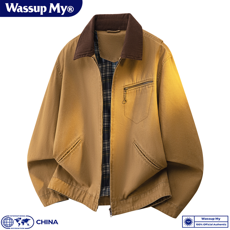 Wassup My Detroit Retro Lapel Jacket for Men, Autumn American Style Loose Pure Cotton Washed Workwear Jacket Trendy