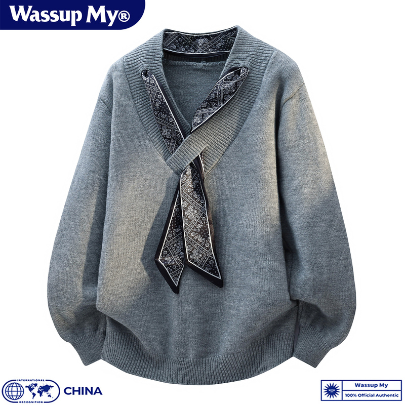 Wassup My Old Money Style V-Neck Knit Sweater for Men, Autumn and Winter, Scarf Tie Decoration, Lazy Style, High-End Sweater Trend
