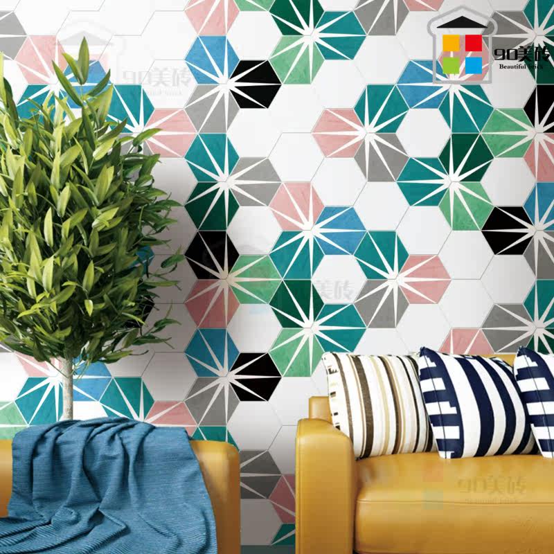 Nordic Ins Large Ray Hexagon Brick Green Pink Flower Brick Makeup Room Kitchen Flower Chip Balcony Kitchen Guard Anti Slip Brick