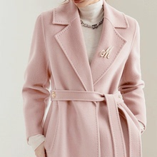 Pink double-sided cashmere coat, women's mid length, 2023 new autumn and winter high-end waistband style woolen coat