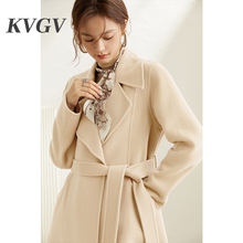 Double-sided cashmere coat for women in autumn and winter, medium length high-end wool waistband style, woolen coat appears slim and slim