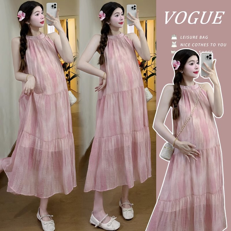 Maternity Summer Dress, French Chiffon Long Pink Tank Dress, Plus Size Loose Fit, 2024 New Style with a High-End Feel