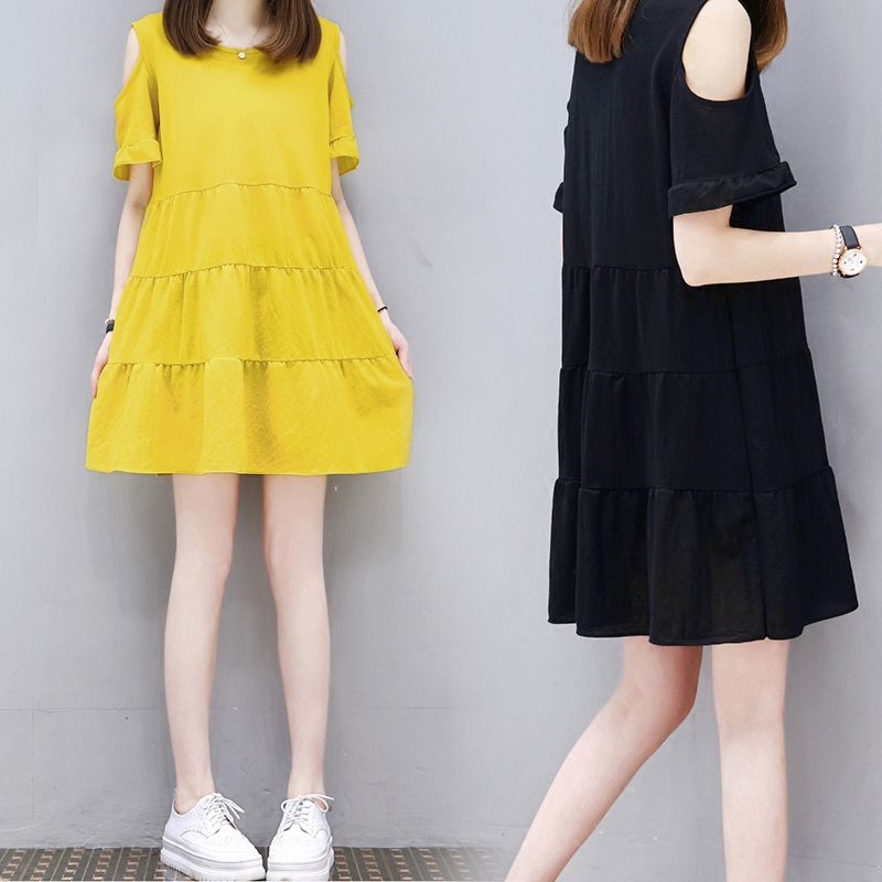 Pregnant woman Xia Fashion A character in long version Loose Pregnant Woman Skirt Dew Shoulder Summer Fashion large size Size Fat MM Pregnant Woman Foreign Dress