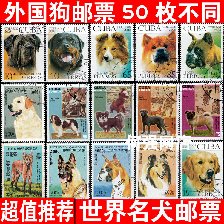 Foreign Dog annual stamps 50 non - repeat world dog puppy Wang Wang team stamps collection of tickets collection