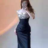 Блестки для ногтей, элегантное элитное свадебное платье, черное вечернее платье, топ без лямок, легкий роскошный стиль