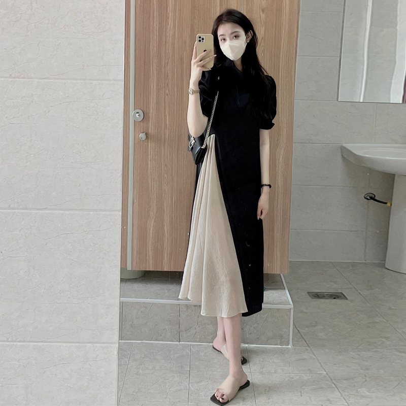 Lightweight elite cheongsam, black dress, light style, bright catchy style, puff sleeves, Chinese style