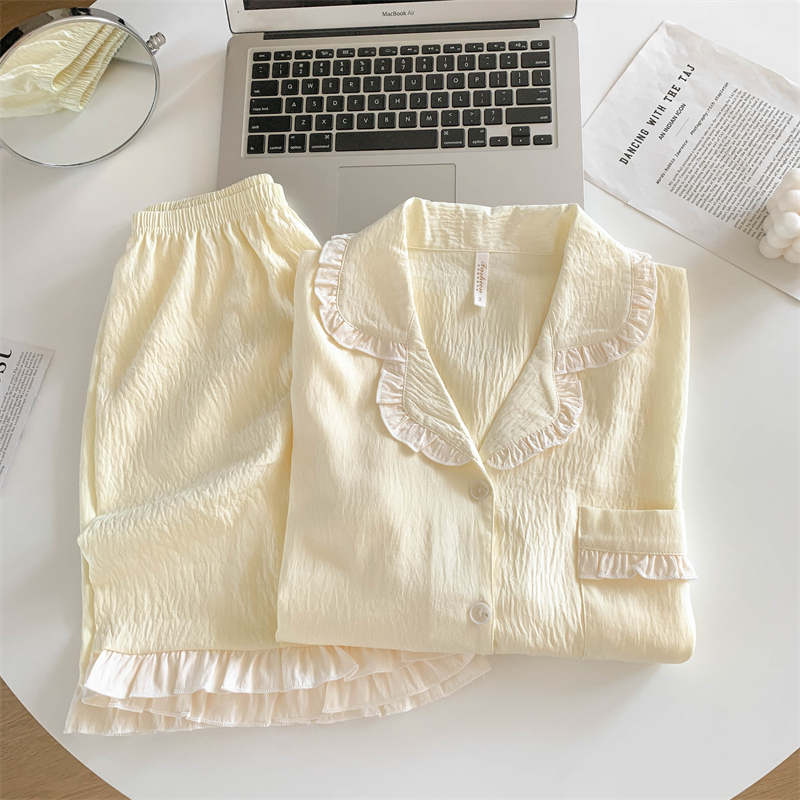 Sweet Lace Cream Apricot Short-Sleeved Shorts Pajamas for Women, Summer Cloud Cotton Cardigan, Loose Two-Piece Home Wear Set
