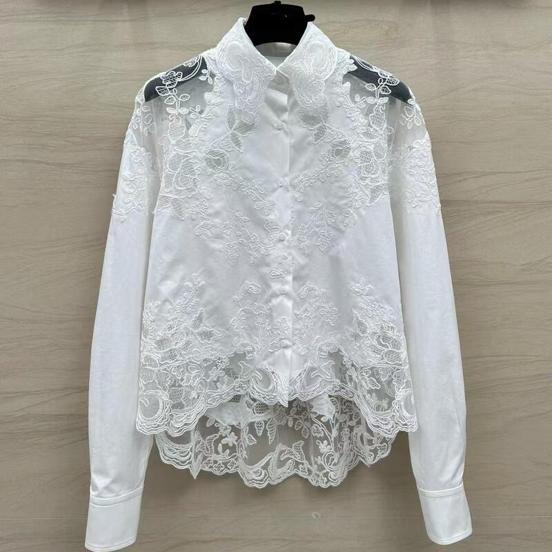 Lace Applique Design, Fashionable, Loose Fit, Embroidered Shirt Design, Versatile, Classic, New Style, Short in Front and Long in Back