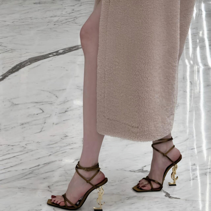 2025 New Ys Open-Toe Sandals for Women with Metal Letter Cross Straps, Square Toe Roman Shoes, Sexy and Elegant High Heels