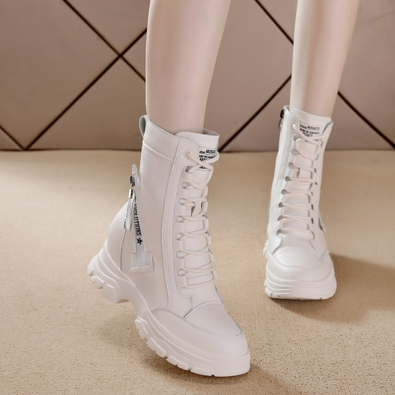 真皮马丁靴女2024新款秋冬加绒英伦风百搭小个子厚底内增高短靴子