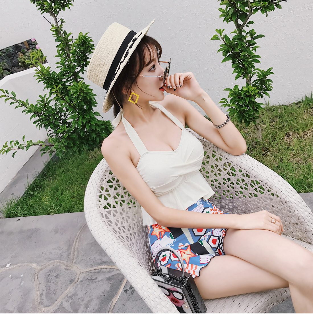 Bộ đồ bơi nữ Yimeishan ngực nhỏ tập hợp váy xẻ kiểu váy boxer Học sinh Hàn Quốc nhỏ tươi tắm nước nóng mùa xuân - Bộ đồ bơi hai mảnh bikini 2 mảnh
