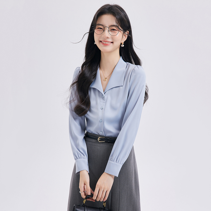 Blue Shirt Women's Long-Sleeved Autumn New Style Professional Work Clothing Top French Lapel Light Mature Style Interview Formal Shirt