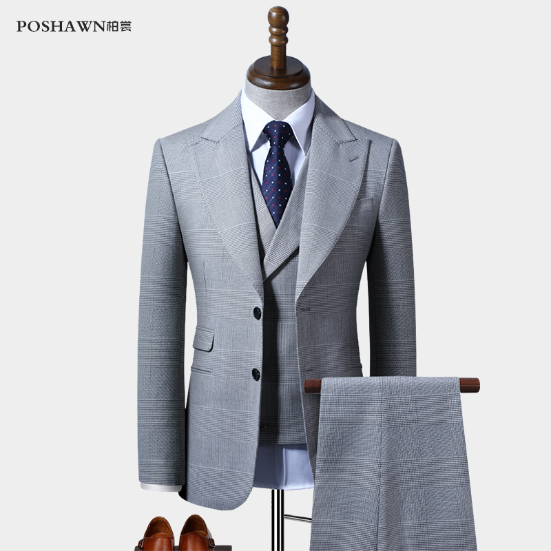 Gray Plaid Suit Jacket Men's Slim Fit Gentleman Business Casual British Youth Fashion Suit Three-Piece Set Trendy