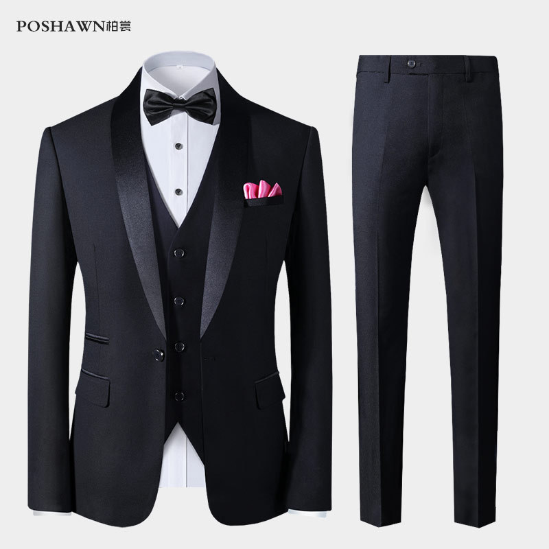Men's Three-Piece Suit with a Green Fruit Collar, Groom's Wedding Suit, Men's Slim-Fit Black Suit, Best Man's Suit, Wedding Dress